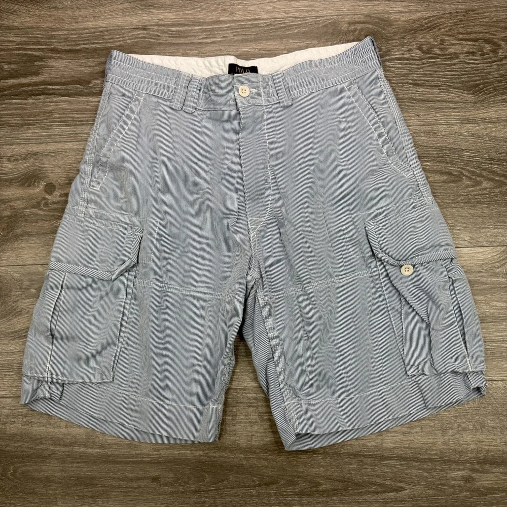 Polo Cargo Shorts Mens 35 White Blue Pinstripe Cotton Classic Y2K Baggy Loose